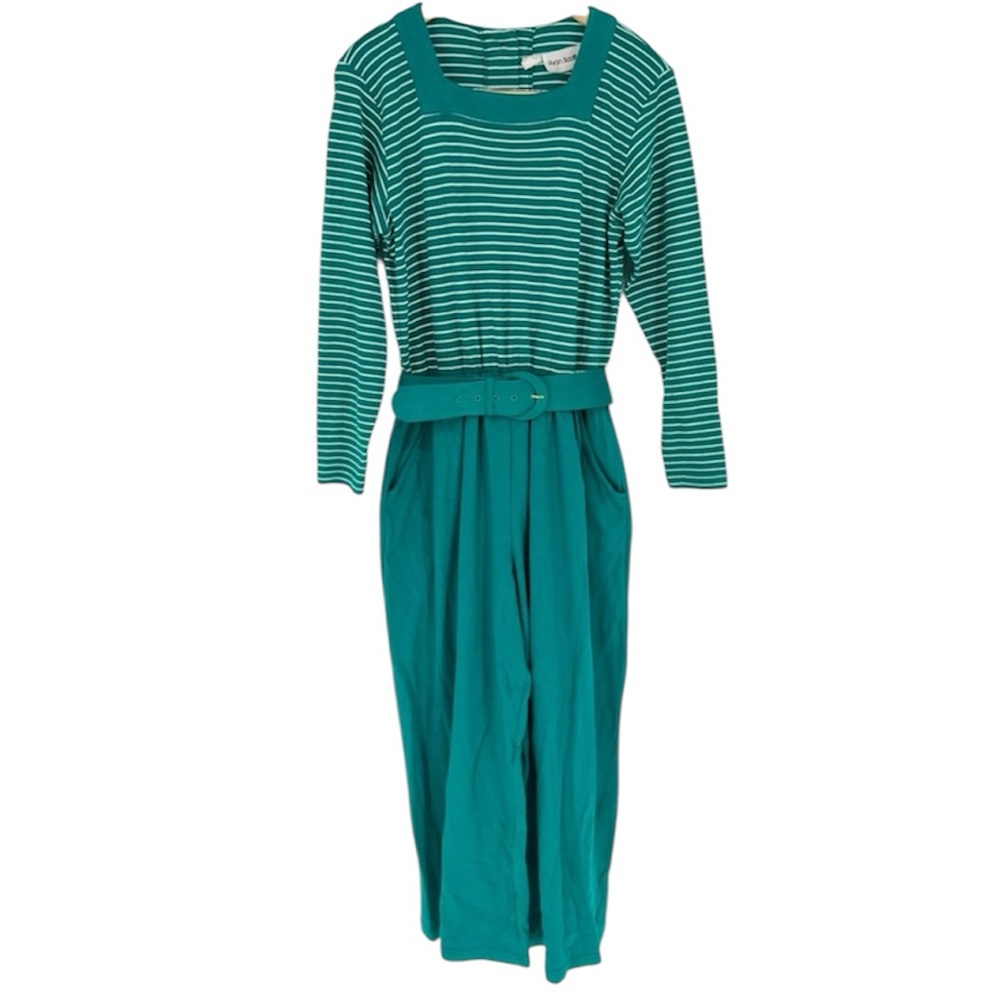 Vintage 1980s Teal‎ Striped Belted Square Neck Jumpsuit